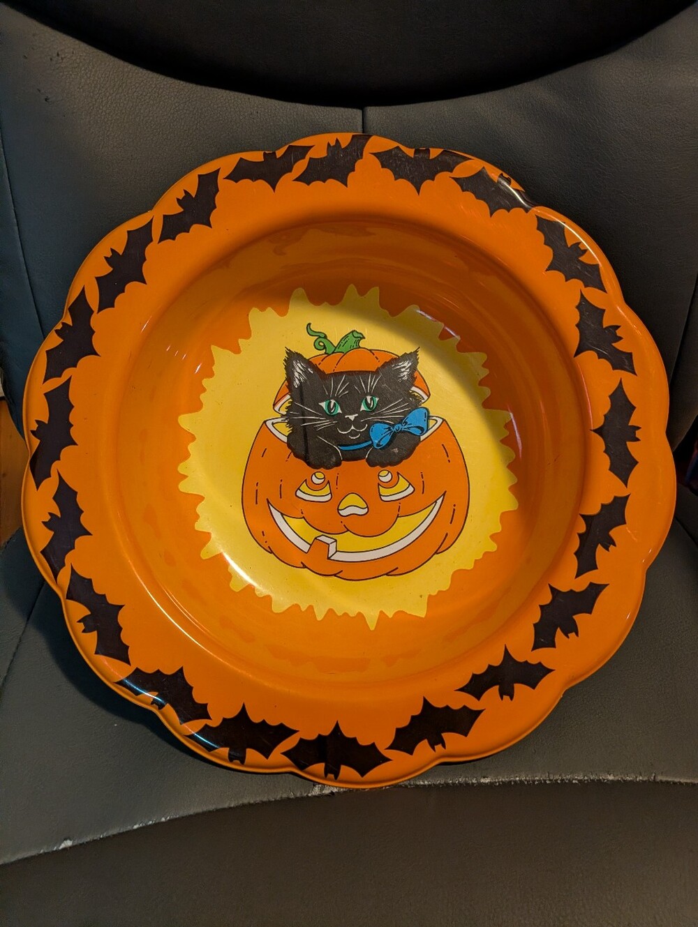 Vintage 90s Berman Lightweight Large Orange Cat Halloween Candy Bowl Pumpkin